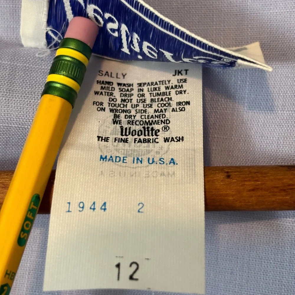 Vintage Leslie Fay Womens 12 2pc Tea Dress Set Blue White Tropical Palm Leaf 80s - Picture 14 of 14